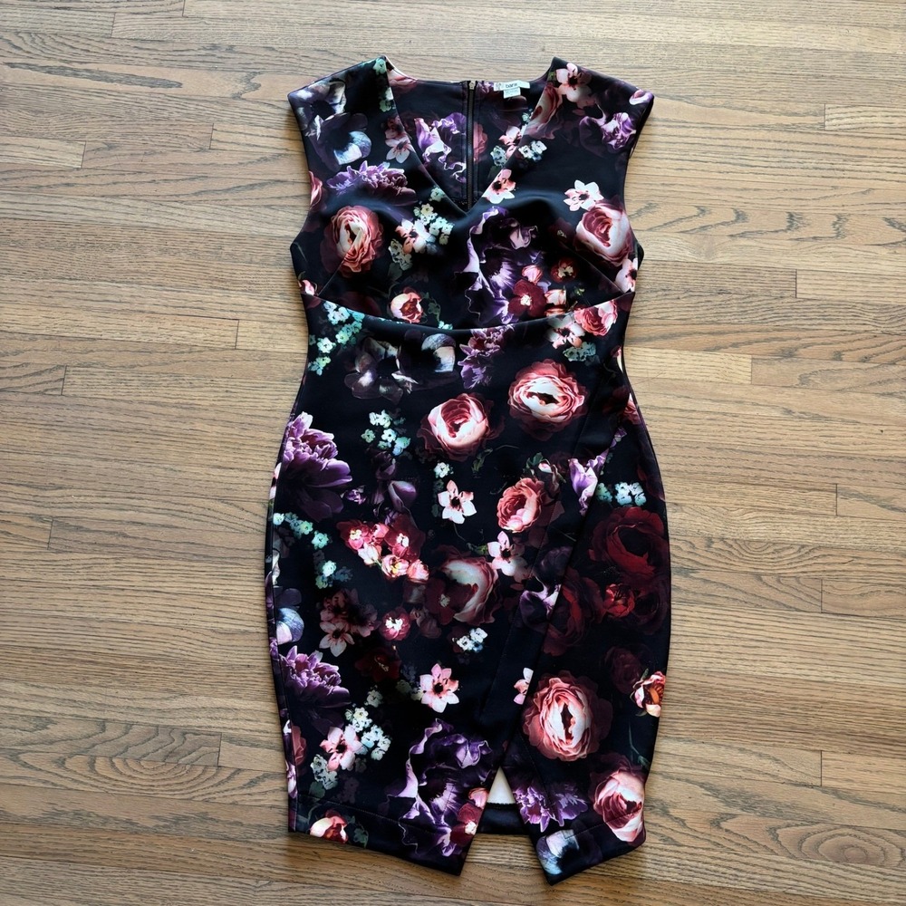 Bar III Womens Black Floral Sleeveless Bodycon Sheath Dress Large V-Neck